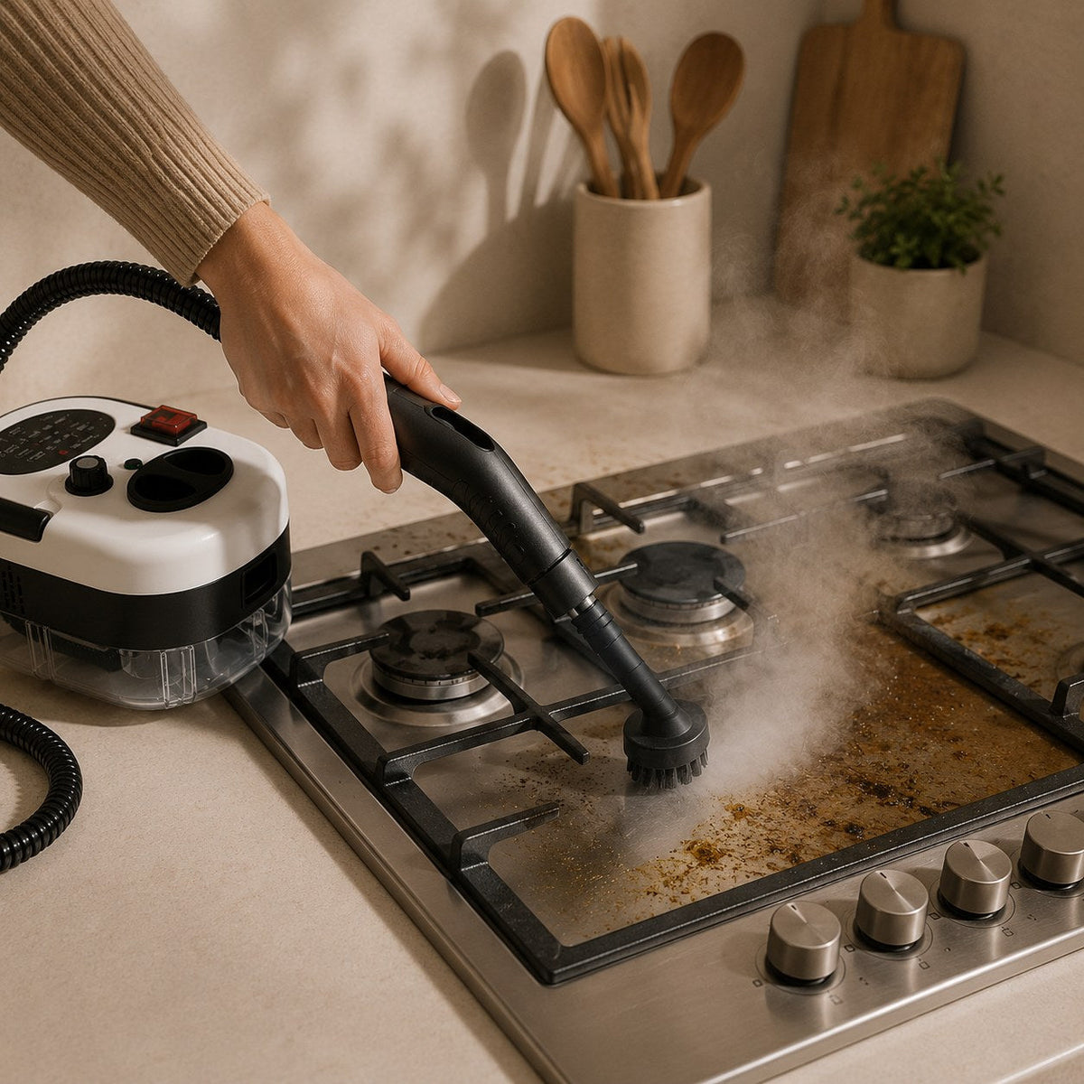 Bruna limpiando la placa de la cocina