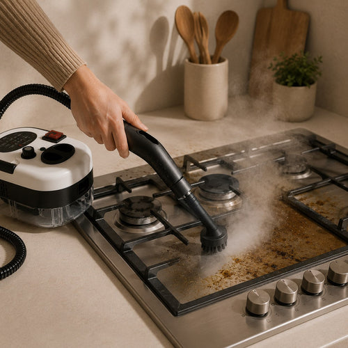 Bruna limpiando la placa de la cocina