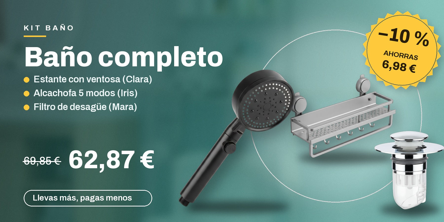 Kit baño: estante con ventosa, alcachofa de 5 modos y filtro de desagüe